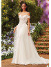 Cold Shoulder Ivory Lace Satin Wedding Dress With Detachable Train